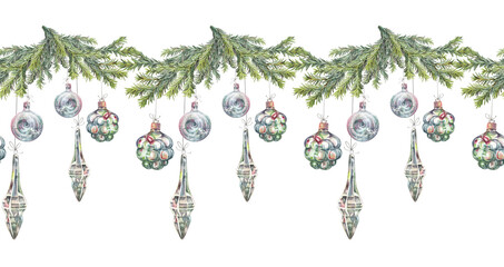 Watercolor seamless border with hand-drawn silver shiny decoration balls and bicycle with Christmas tree branch on white background. Toy for New Year party celebration. Rim for wallpaper and wrapping