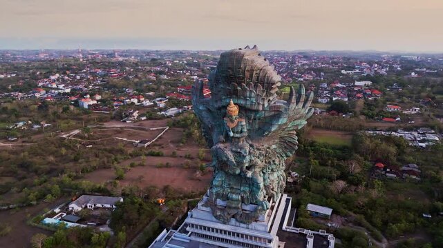 Aerial footage showcases the massive Garuda Wisnu Kencana sculpture in southern Bali, rising above the cultural park and highlighting the fine details of this symbol of Balinese heritage.