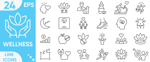 Wellness icon set.wellness, exercise, mental health, spa, wellbeing, stress management, healthcare, cosmetics, relaxation,, diet, meditation and more.Vector and illustrator set.
