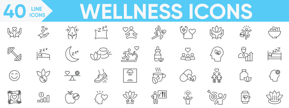 Wellness icon set.wellness, exercise, mental health, spa, wellbeing, stress management, healthcare, cosmetics, relaxation,, diet, meditation and more.Vector and illustrator set.