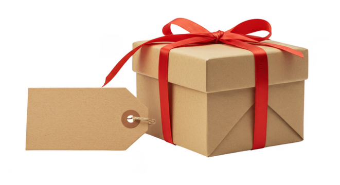 Isolated Present Box with Brown Ribbon and Tag PNG Background