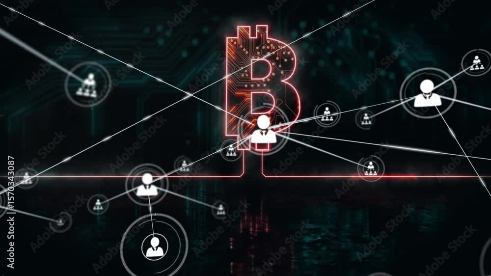 Poster materializing red neon bitcoin symbol pulsing launching user nodes, linking lines, forming network