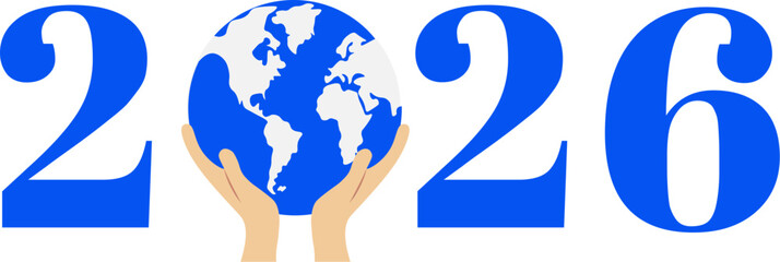 2026 medio ambiente año nuevo. mundo sostenido sobre tus manos en el nuevo año. Vector sin fondo, fondo transparente. png