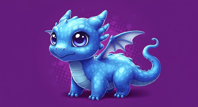 Cute Blue Dragon Cartoon Illustration on Purple Background
