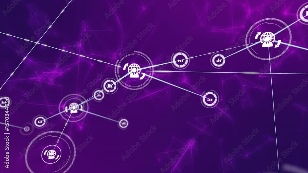 Poster headset icon appearing on purple mesh extending lines to chart and user nodes, mapping network