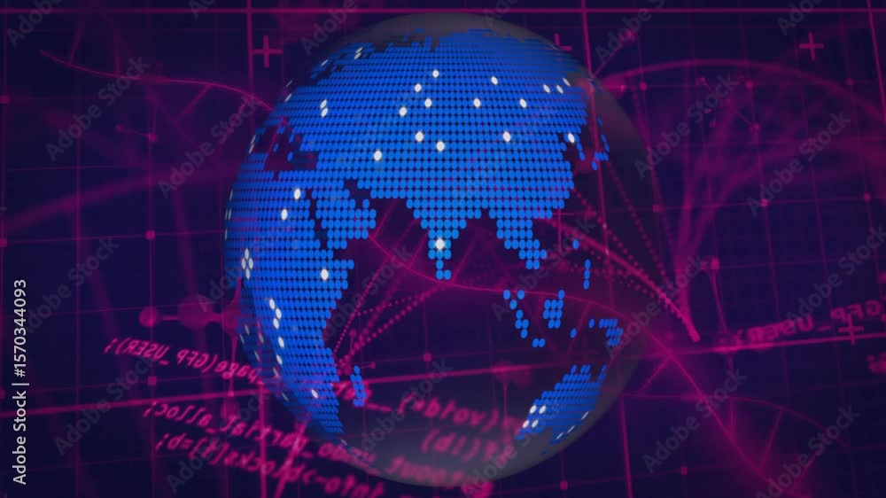 Poster on startup digital globe rotating while magenta lines arcing onto globe visualizing data links