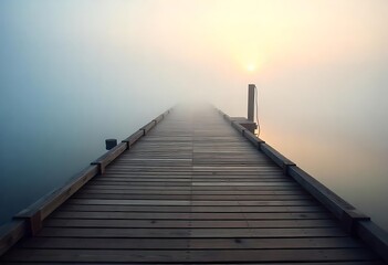 Generative AI Misty Morning Wooden Jetty Reaching Into Soft Sunlight