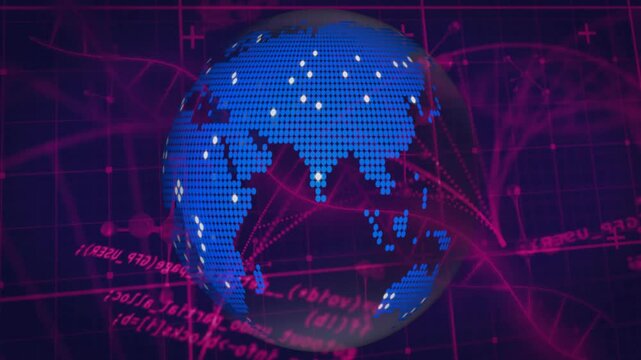 On startup digital globe rotating while magenta lines arcing onto globe visualizing data links