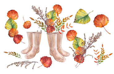 Autumn set with bouquet in rubber boots. Watercolor hand-drawn red green orange leaves and dry branch isolated on white background. Forest plant foliage. Clipart for sticker. Wallpaper or wrapping