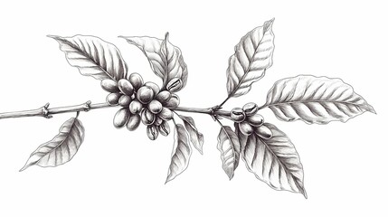 Fototapeta premium Detailed illustration of coffee branch with beans and leaves.