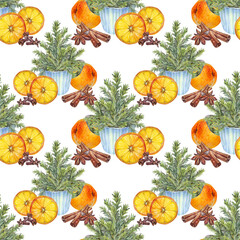 Watercolor seamless pattern with Christmas tree in cup and orange fruit and spice condiment on white background. Forest evergreen fir or pine for card. Art for New Year wrapping and wallpaper