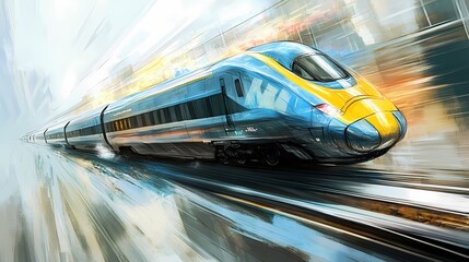 Obraz premium High-speed train hurtling through a city.