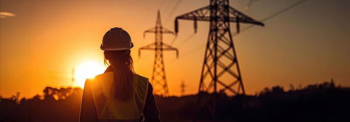 Engineer standing at high voltage transmission power station.
