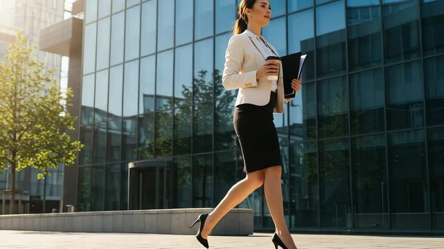 A businesswoman walks with confidence in front of a modern office building