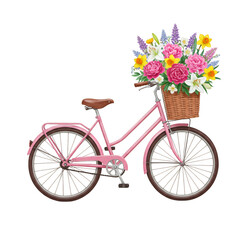 Pink Bicycle with Flower Basket Transparent Background Illustration