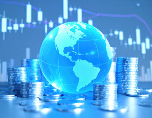 Close up hologram globe is surrounded by stack of coins with trade graph stock market.
