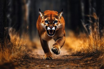 Aggressive cougar in the wild stalking and hunting for its prey Angry or mountain lion hunts
