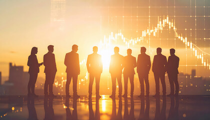 Photography group of silhouette businesspeople standing looking market trade graph background.