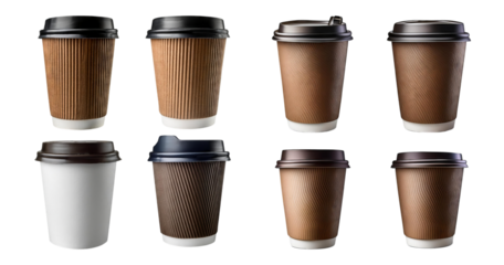 Assorted Coffee Cups in Various Styles and Colors for Beverage Use, isolated on transparent background