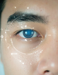 Close up human eye with hologram data.
