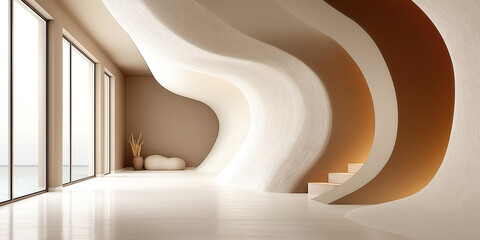 Modern interior with flowing curves, minimalist design, soft neutral colors, bright natural light illuminating space, perfect for inspiration.