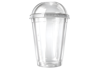 Clear plastic disposable cup with dome lid, studio shot, food service.
