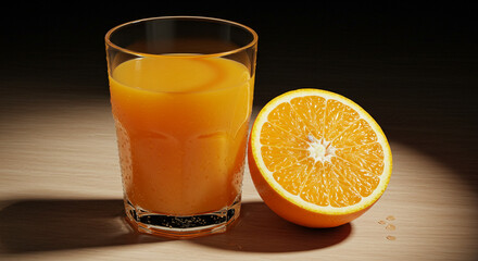 Glass of fresh orange juice with a orange on the side