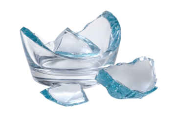 Shattered glass bowls, broken into pieces, isolated on white background.