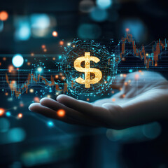 Photography of human hand holding digital S hologram with trading market graph background.