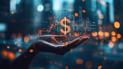 Photography of human hand holding digital S hologram with trading market graph background.