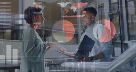 Woman gesturing business data discussion, laptop man projecting world map and syncing phone charts - Powered by Adobe