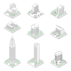 建物の立体的なイラスト. アイソメトリック画法. 線画.