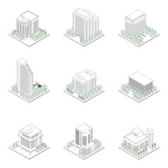 建物の立体的なイラスト. アイソメトリック画法. 線画.