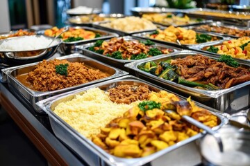 Fototapeta premium Catering Buffet Spread on Long Table at Hotel Restaurant: Event Dining and food a