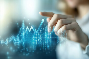 Photography advertising shot of close up businessman touching an upward arrow on a virtual graph with empty background.