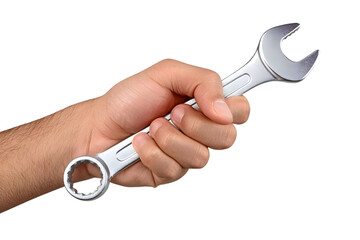 A hand firmly grips a shiny, metallic wrench against a stark white background.