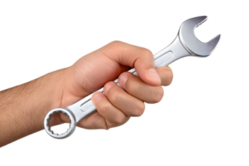 A hand firmly grips a shiny, metallic wrench against a stark white background.