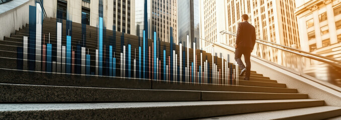Photography of Businessman standing on stairs with stock market graph and financial chart over city background.