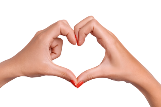 Two hands forming a heart shape, fingers gently touching, nails painted red, against a white background.