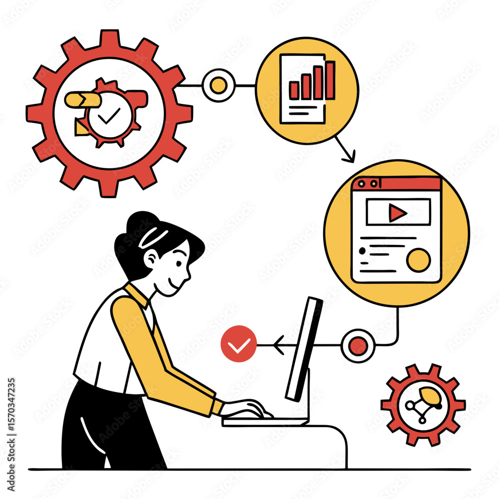 Poster woman working on computer with workflow diagram