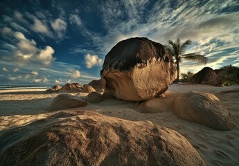 Dramatic Boulders on Tropical Beach at Sunset