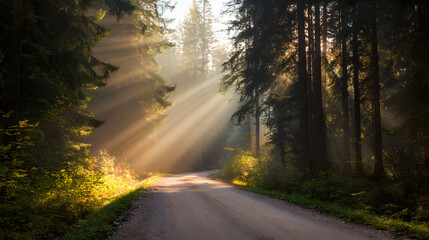 Obraz premium Sunlit forest path with golden rays through trees, a serene nature escape