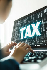 Photography of a person using a laptop with Hologram "TAX" text and hologram icons of money with bright background.