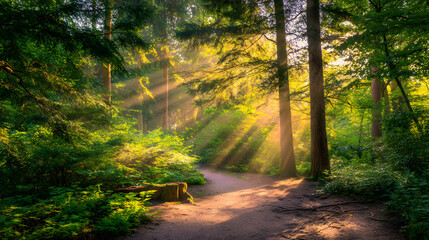 Obraz premium Sunlit forest path with golden rays through trees, a serene nature escape