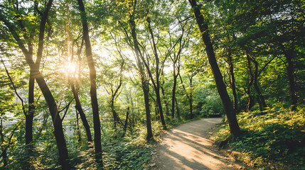 Obraz premium Sunlit forest path with golden rays through trees, a serene nature escape