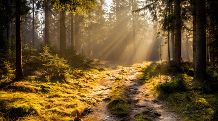 Sunlit forest path with golden rays through trees, a serene nature escape