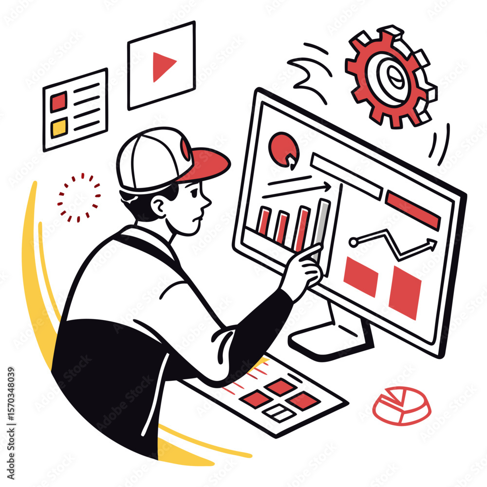 Poster young businessman analyzing data on computer screen