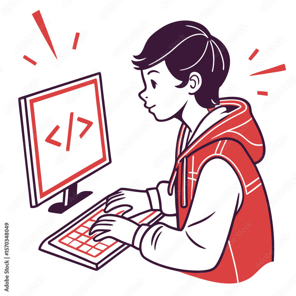 Poster young coder working on computer illustration