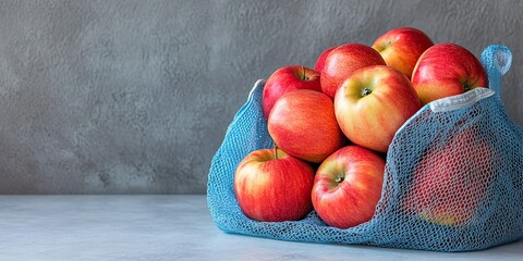 A bunch of apples are in a blue bag