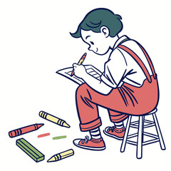 Fototapeta premium Young Boy Drawing with Crayons Sitting on a Stool